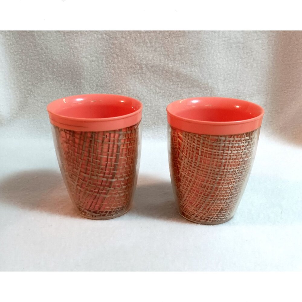 Lot of 2 Raffiaware tumblers peach interiors burlap 3.75" tall MCM plastic